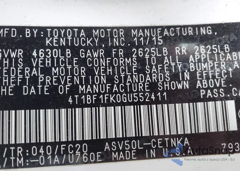 2016 Toyota Camry Le из США, поврежденный, VIN 4T1BF1FK0GU552411